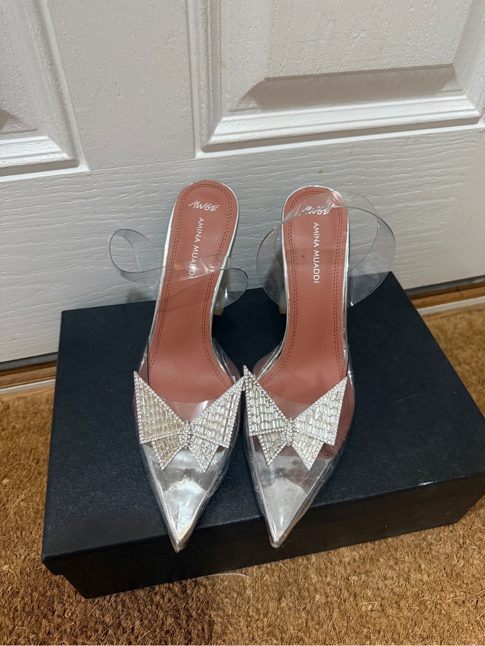Clear Silver Crystal Bow Pointed Mules